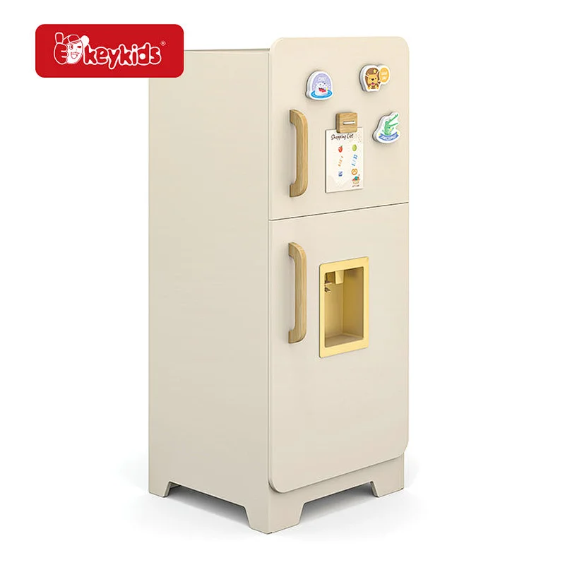 Wooden Kids Play Refrigerator Toy with Stickers and Water Dispenser, Pretend Play Kitchen Fridge for Toddler Role Play W10L131